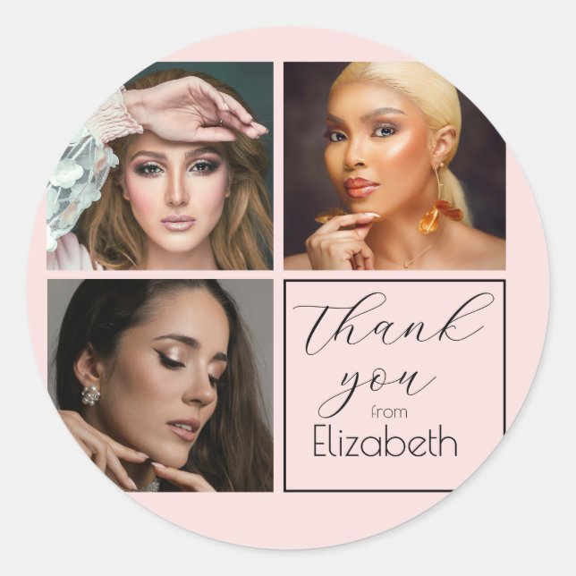 Pegatina Redonda Elegant Blush Pink Black Script 3 Photo Makeup  (Anverso)