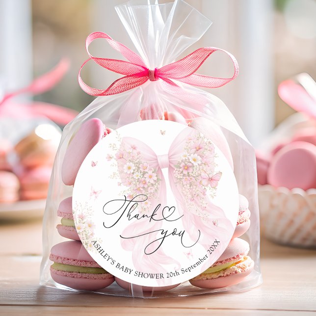Pegatina Redonda Elegant Blush Pink Bow Baby Shower Thank You  (Subido por el creador)