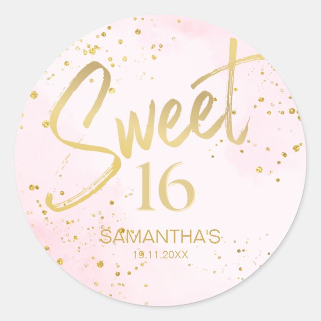 Pegatina Redonda Elegant Blush Pink & Gold Sweet 16 Birthday (Anverso)