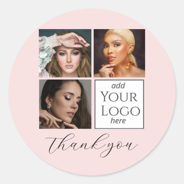 Pegatina Redonda Elegant Blush Pink Script 3 Photo Logo Makeup  (Anverso)