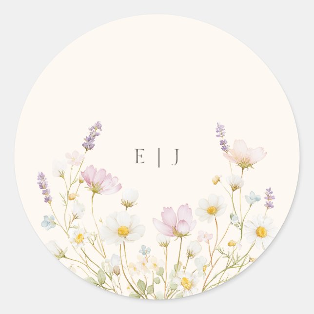 Pegatina Redonda Elegant Botanical Wildflowers Monogram Wedding (Anverso)