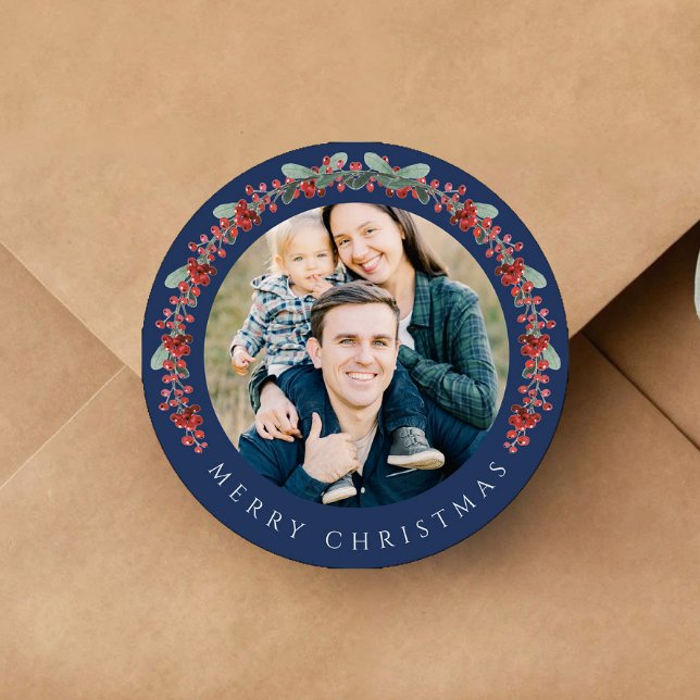 Pegatina Redonda Elegant Botanical Wreath Photo Christmas (Elegant Botanical Wreath Photo Christmas Classic Round Sticker)