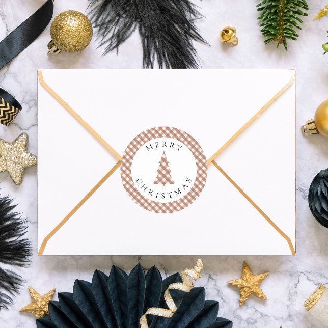 Pegatina Redonda Elegant Brown Gingham Plaid Pine Merry Christmas (Subido por el creador)