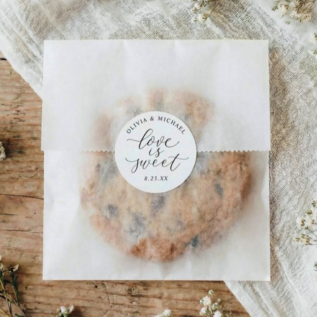 Pegatina Redonda Elegant Calligraphy Love is Sweet Wedding (Elegant love is sweet wedding or bridal shower favor stickers)