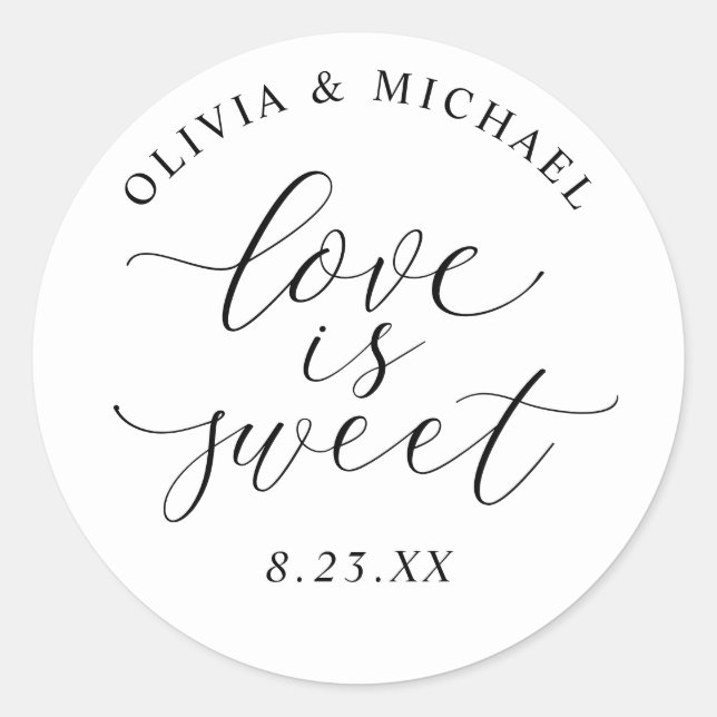 Pegatina Redonda Elegant Calligraphy Love is Sweet Wedding (Anverso)