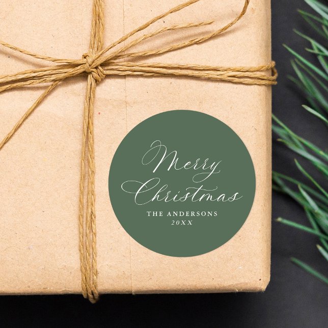 Pegatina Redonda Elegant Calligraphy Sage Green Merry Christmas (Subido por el creador)