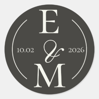 Pegatina Redonda Elegant Charcoal Modern Monogram Date Wedding