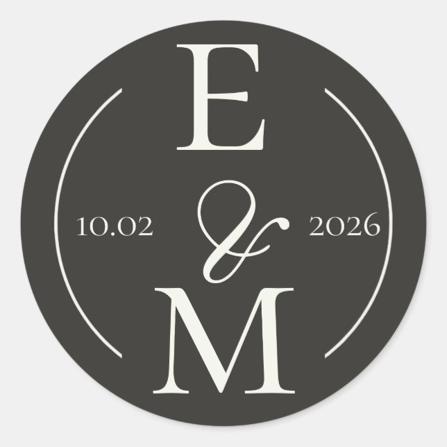 Pegatina Redonda Elegant Charcoal Modern Monogram Date Wedding (Anverso)