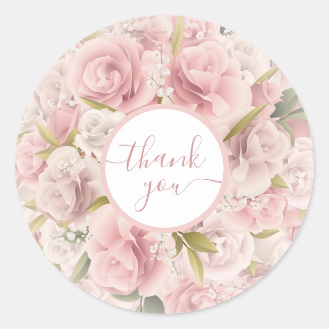 Pegatina Redonda Elegant Chic Romantic Thank You Rose Floral   (Anverso)