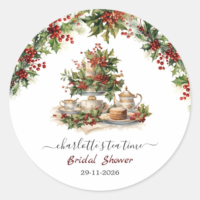 Pegatina Redonda Elegant Christmas Bridal Shower Tea Time Party (Anverso)