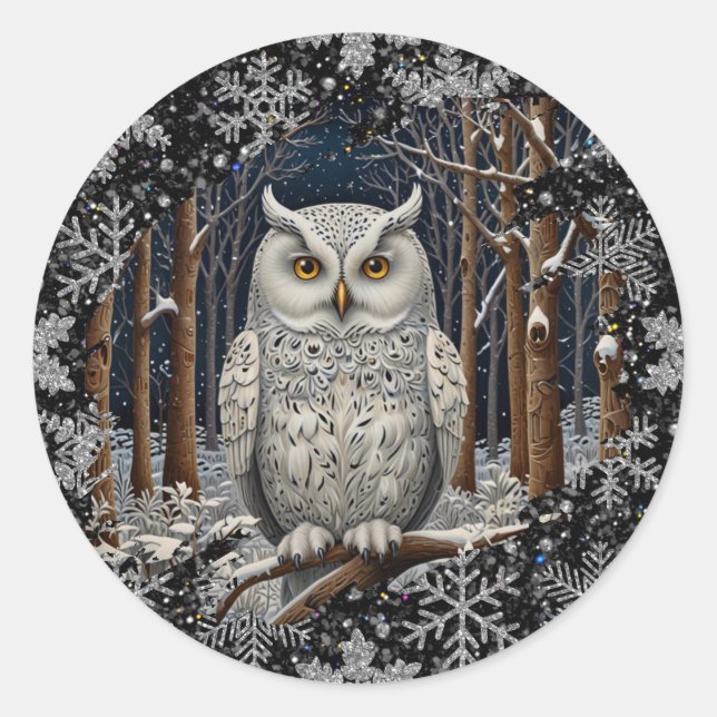 Pegatina Redonda Elegant Christmas white owl woodland winter forest (Anverso)