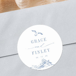 Pegatina Redonda Elegant Coastal Chic Blue Seaside Wedding