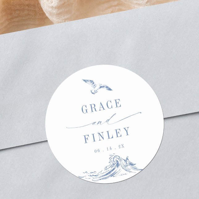 Pegatina Redonda Elegant Coastal Chic Blue Seaside Wedding (Subido por el creador)