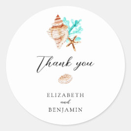 Pegatina Redonda Elegant Coastal Seashell Thank you Beach Wedding