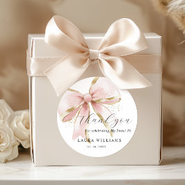 Pegatina Redonda Elegant Coquette Pink Gold Bow Thank you Sweet 16