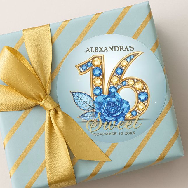 Pegatina Redonda Elegant Crystal Blue Rose Gold Gemstone Sweet 16 (Subido por el creador)