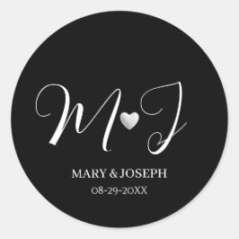 Pegatina Redonda Elegant Custom Black And White Wedding Monogram 