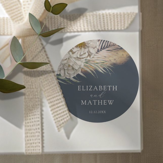 Pegatina Redonda Elegant Dark Blue Pampas Grass Wedding (Subido por el creador)