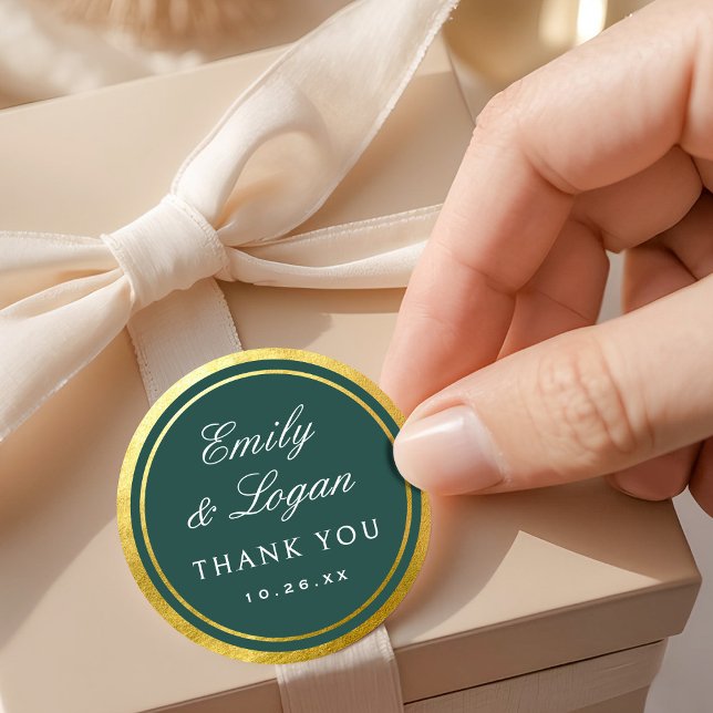 Pegatina Redonda Elegant Dark Green Gold Border Wedding (Subido por el creador)