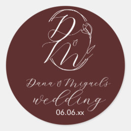 Pegatina Redonda Elegant Delicate Floral Wedding Logo Deep Burgundy