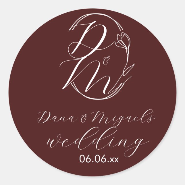 Pegatina Redonda Elegant Delicate Floral Wedding Logo Deep Burgundy (Anverso)