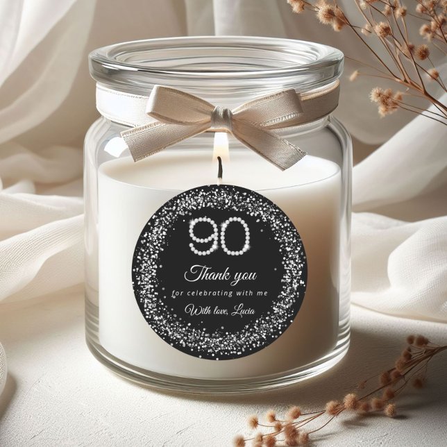 Pegatina Redonda Elegant Diamonds 90th Birthday Thank you Sticker (Diamonds Silver 90th Birthday Thank you Stickers)