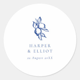 Pegatina Redonda Elegant Doodle Blue Lemons Wedding Favor
