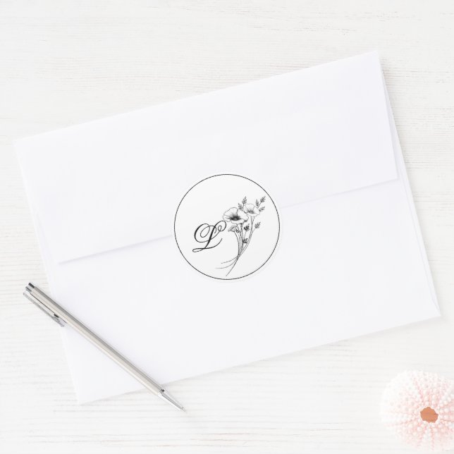 Pegatina Redonda Elegant Doodle Floral Monogram (Sobre)