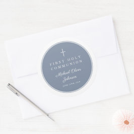 Pegatina Redonda Elegant Dusty Blue Cross Boy First Communion