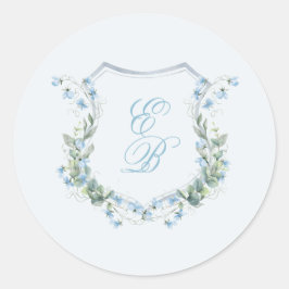 Pegatina Redonda Elegant Dusty Blue Floral Crest Wedding