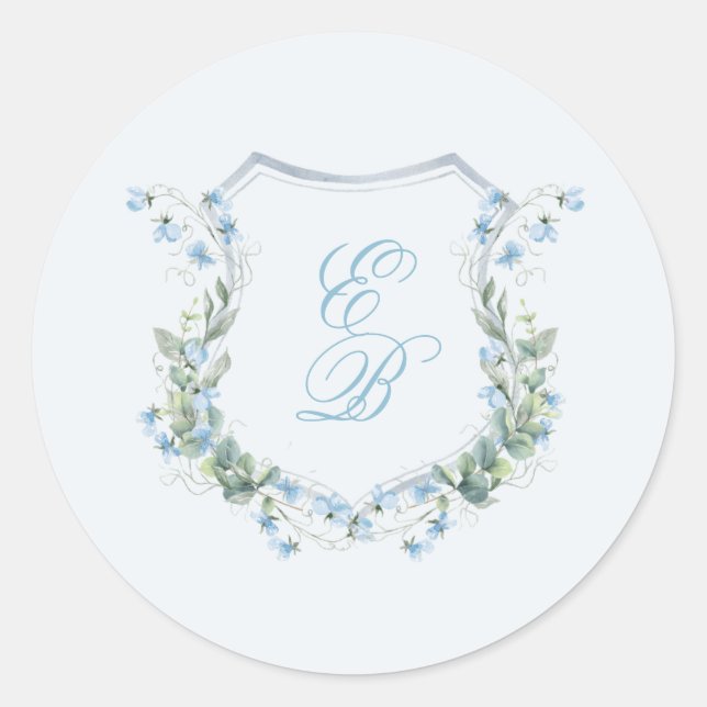 Pegatina Redonda Elegant Dusty Blue Floral Crest Wedding (Anverso)