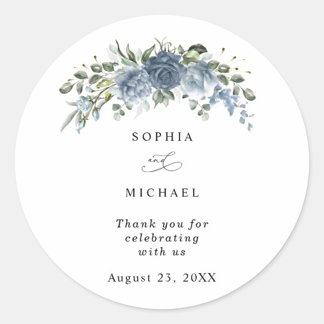 Pegatina Redonda Elegant Dusty Blue Floral Wedding Sticker (Anverso)