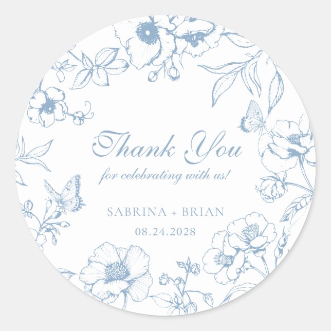 Pegatina Redonda Elegant Dusty Blue Floral Wedding Thank You (Anverso)