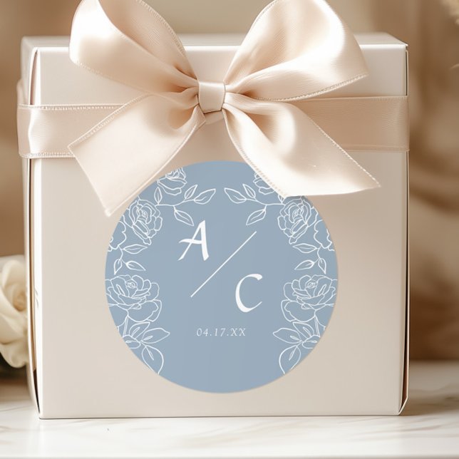Pegatina Redonda Elegant Dusty Blue French Roses Wedding (Subido por el creador)