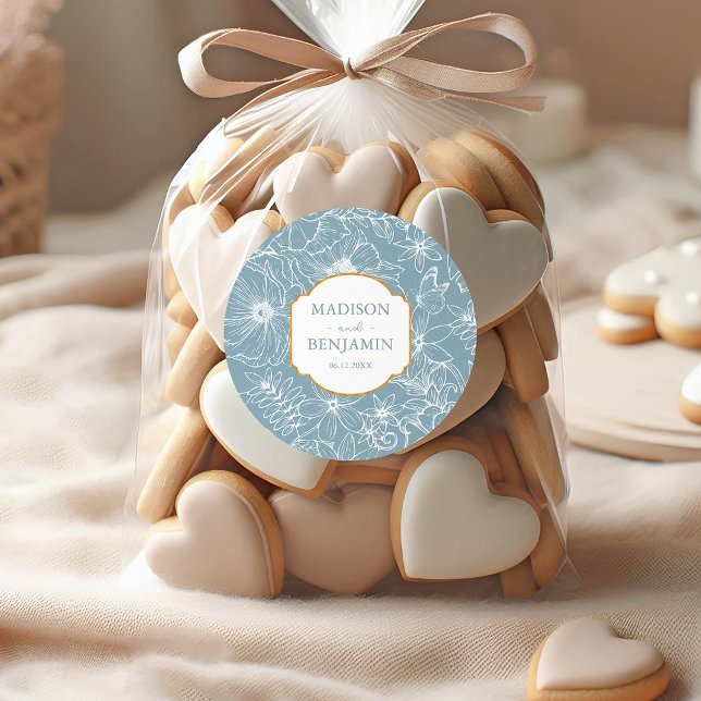 Pegatina Redonda Elegant Floral Garden Gold Dusty Blue Wedding (Subido por el creador)