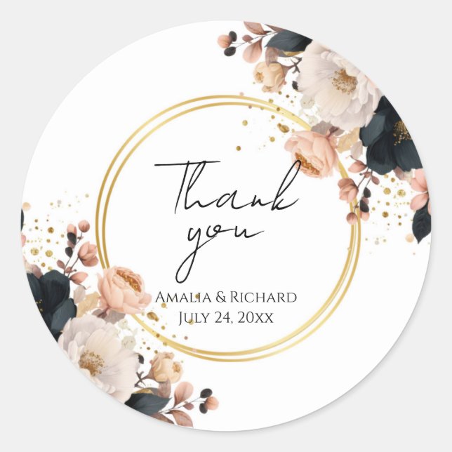 Pegatina Redonda Elegant Floral Personalized “Thank You” Wedding (Anverso)
