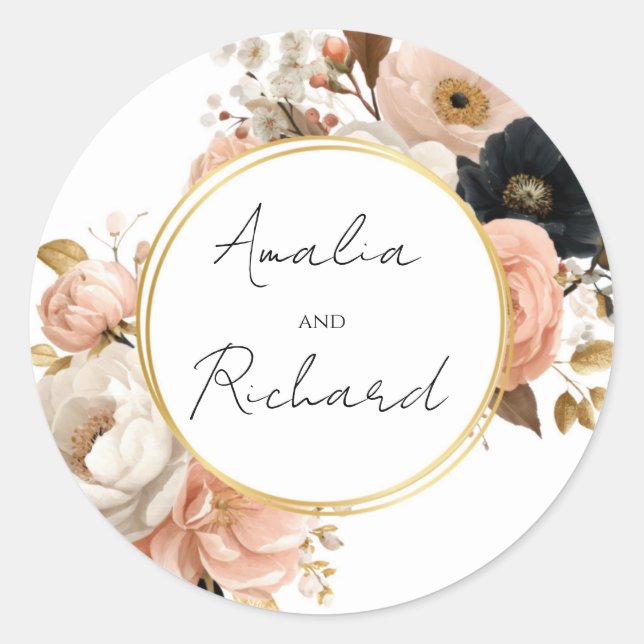 Pegatina Redonda Elegant Floral Personalized Wedding Sticker (Anverso)