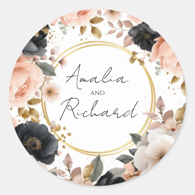 Pegatina Redonda Elegant Floral Personalized Wedding Sticker (Anverso)