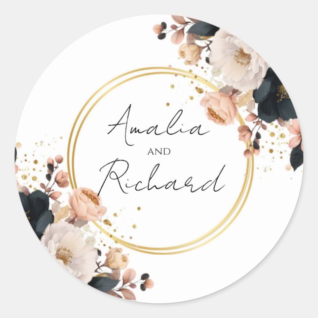 Pegatina Redonda Elegant Floral Personalized Wedding Sticker (Anverso)