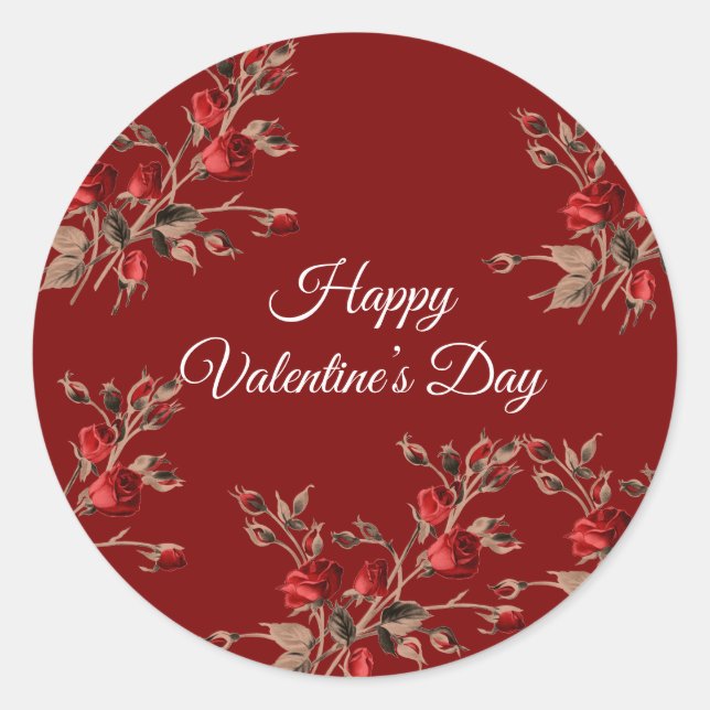 Pegatina Redonda Elegant Floral Red Happy Valentine’s Day  (Anverso)