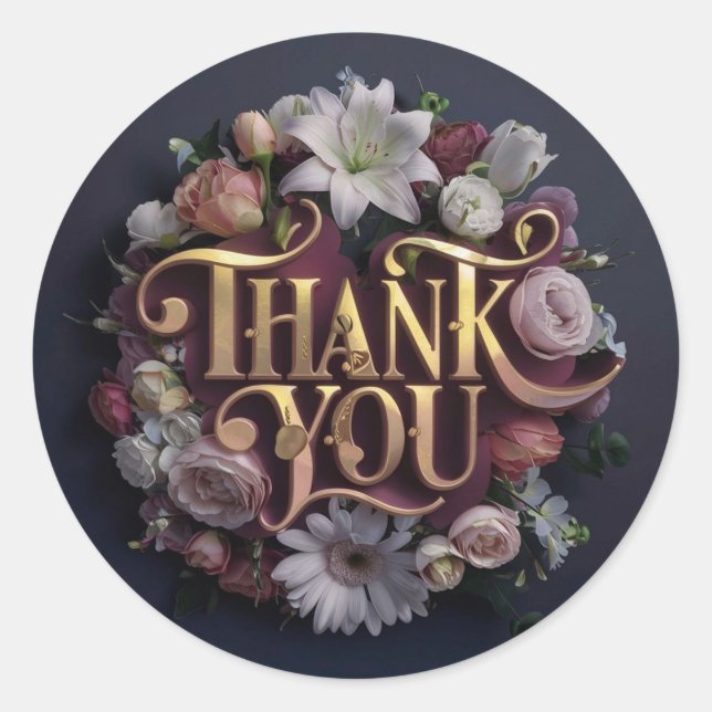 Pegatina Redonda Elegant Floral “Thank You” Gold Lettering Design (Anverso)