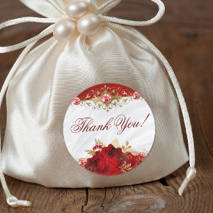 Pegatina Redonda Elegant Floral Wedding Roses Thank You