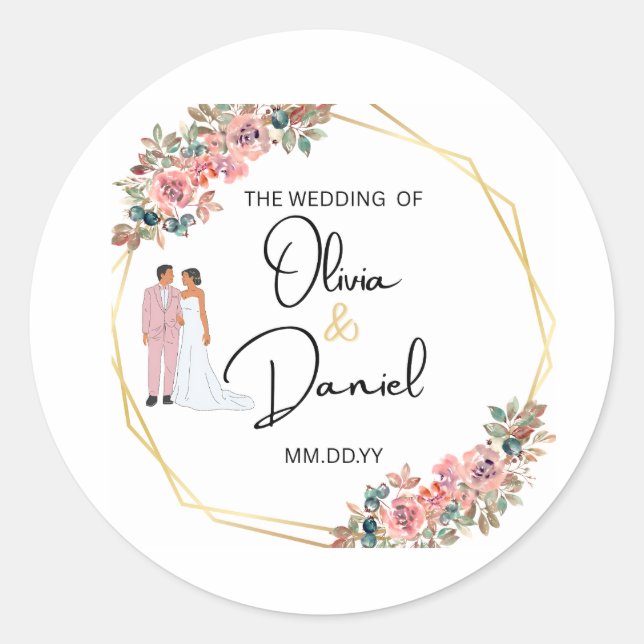 Pegatina Redonda Elegant Floral Wedding Sticker (Anverso)