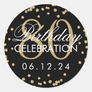 Pegatina Redonda Elegant Gold Black 80th Birthday Glitter Confetti