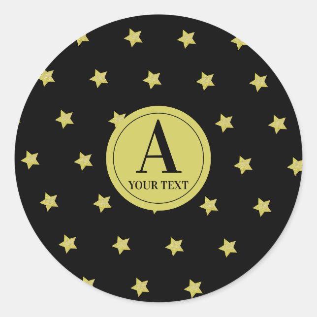 Pegatina Redonda Elegant Gold & Black Star Pattern Monogram (Anverso)