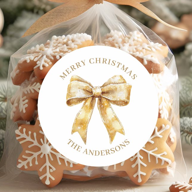 Pegatina Redonda Elegant Gold Bow Personalized Christmas (Subido por el creador)