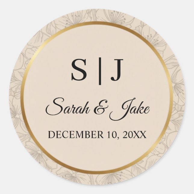Pegatina Redonda Elegant Gold Frame Personalized Wedding Monogram (Anverso)