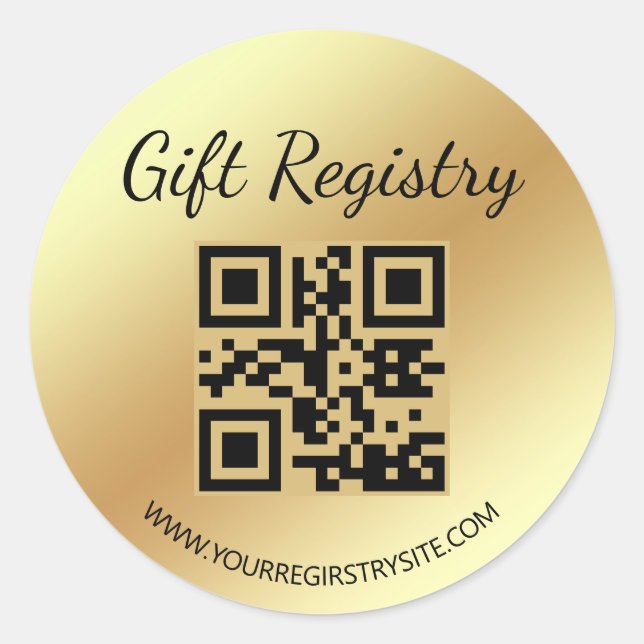 Pegatina Redonda elegant gold gift registry qr code baby shower (Anverso)