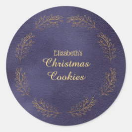 Pegatina Redonda Elegant Gold Leaves Blue Christmas Cookies