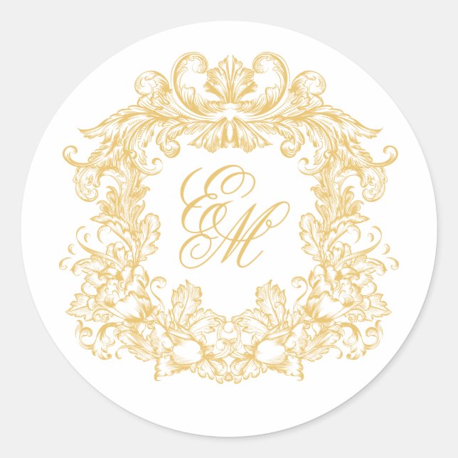 Pegatina Redonda Elegant Gold Monogram Crest Vintage Wedding (Anverso)